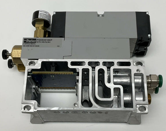 Parker HA2VXLG0G9A 2X's Double Solenoid 4-way 2-Pos. Valves w/ Base & Regulator