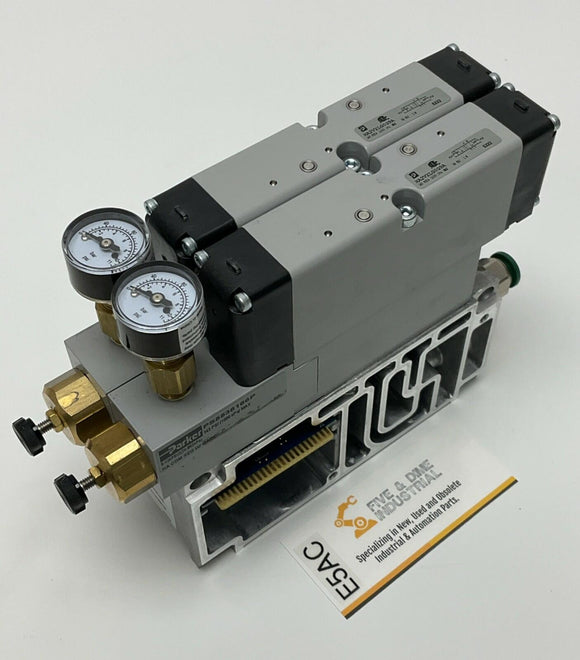 Parker HA2VXLG0G9A 2X's Double Solenoid 4-way 2-Pos. Valves w/ Base & Regulator