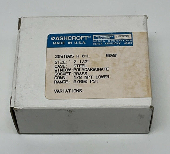 Ashcroft 25W1005-600 2-1/2" 600 PSI Gauge, 1/8" NPT Brass Lower
