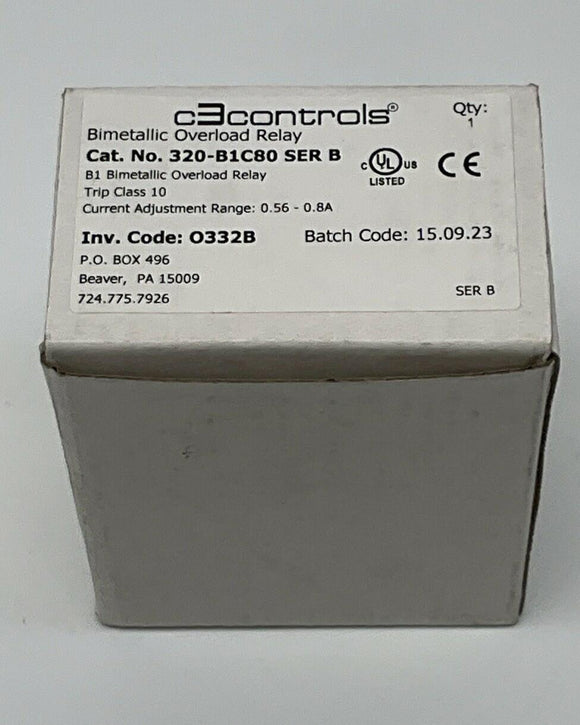 C3Controls 320-B1C80 Ser. B Overload Relay Motor Starter 0.56-0.8 Amp