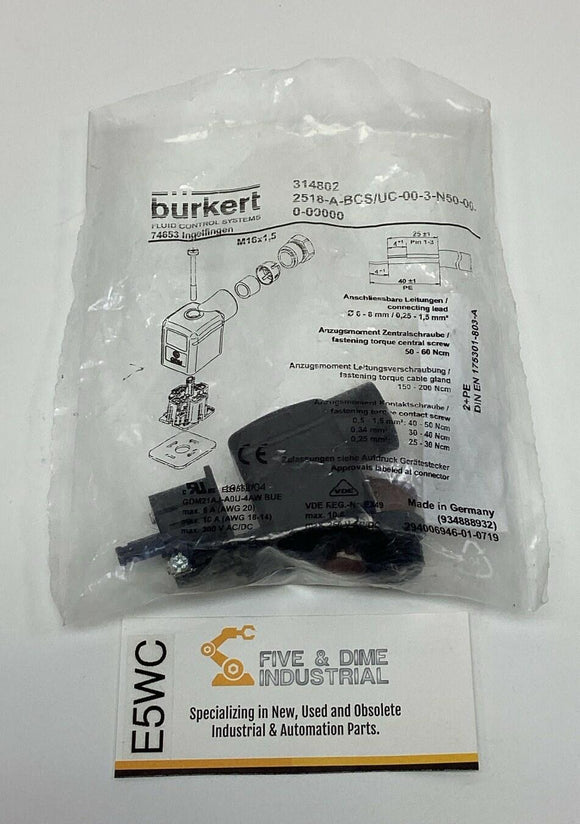 Burkert 314802 Fluid Control Systems Sol Valve Plug 2518-A-BCS/UC-00-3-N50-00-0