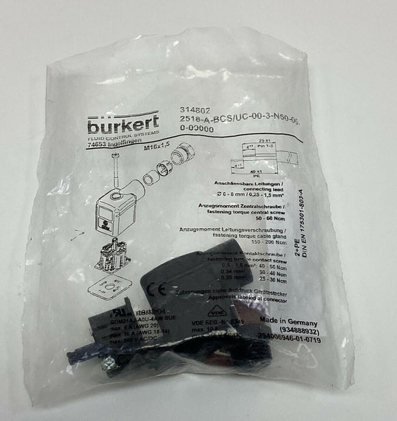 Burkert 314802 Fluid Control Systems Sol Valve Plug 2518-A-BCS/UC-00-3-N50-00-0