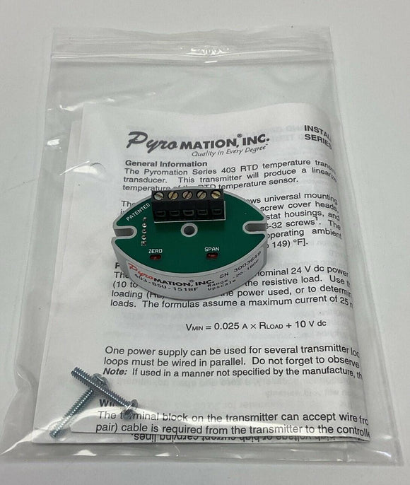 Pyromation 403-85U-1518F RTD Temperature Transmitter -20-180F