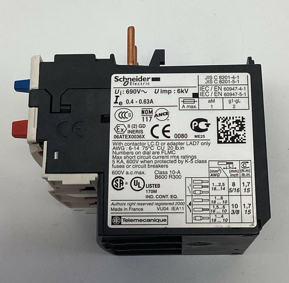 Schneider Electric LRD-04-0.63A Overload Relay 0.4-0.63 Amp