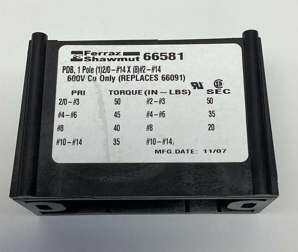 Ferraz Shawmut 66581 Power Distribution Block 1-Pole 66091