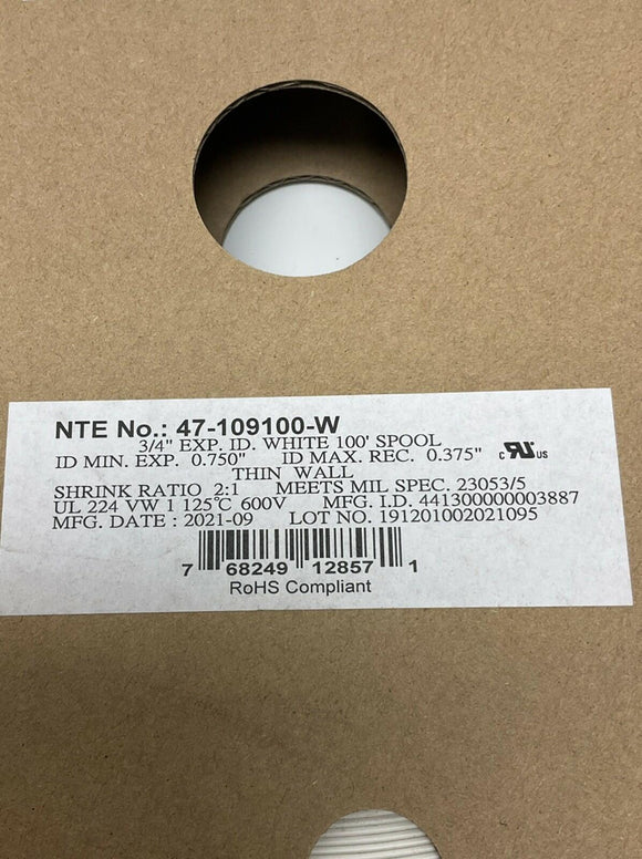 NTE Electronics 47-109100-W 3/4" White Thin Wall 2:1 Heat Shrink Roll 100'