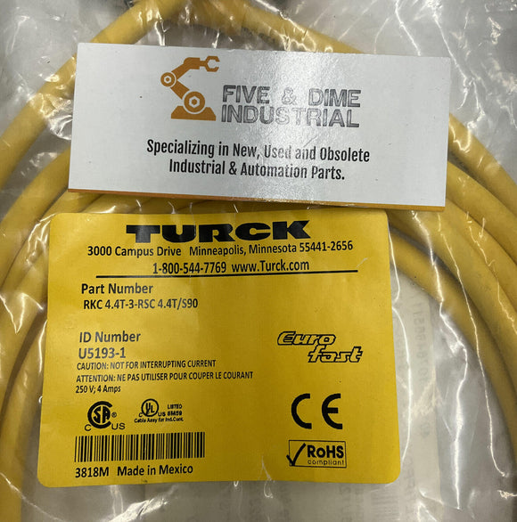 Turck RKC 4.4T-3-RSC 4.4T/S90 Eurofast Cordset Cable 4-Pin U5193-1