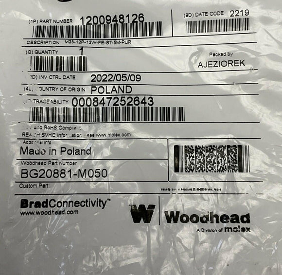 Molex Woodhead 1200948126 M23 12-Pole Female Single-End Cable, 5M BG20881-M050