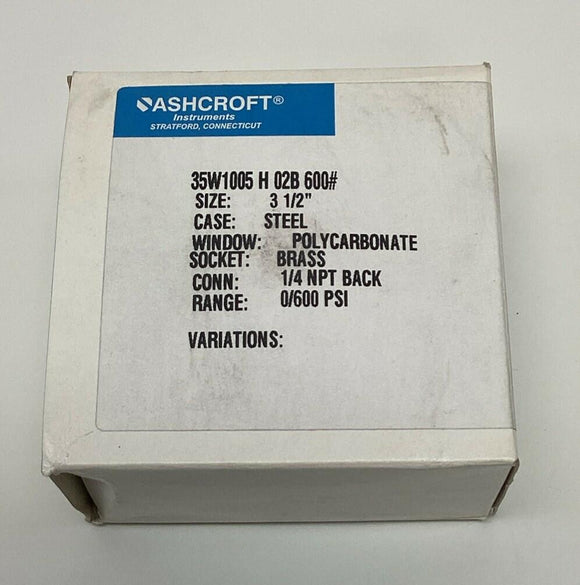 Ashcroft 35W1005-H-02B-600# 3-1/2''  600 PSI Gauge, 1/4'' NPT, Brass Socket