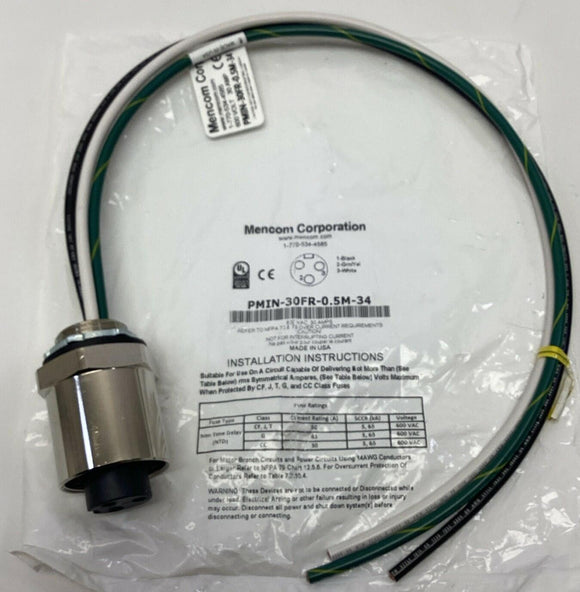 Mencom PMIN-30FR-0.5M-34  3-Pole 600V, 30A Power Receptacle 0.5-Meters 3/4" NPT