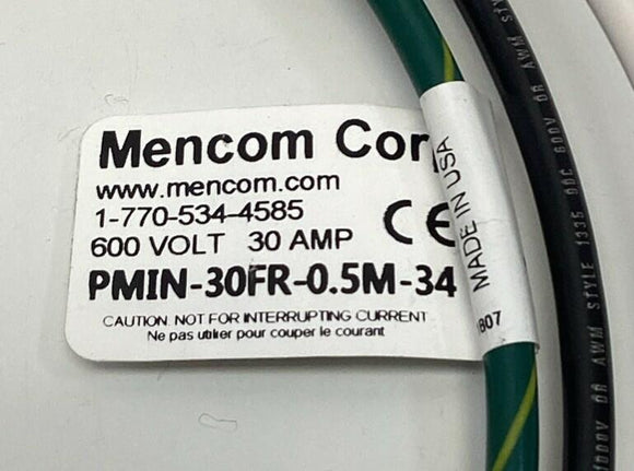 Mencom PMIN-30FR-0.5M-34  3-Pole 600V, 30A Power Receptacle 0.5-Meters 3/4" NPT