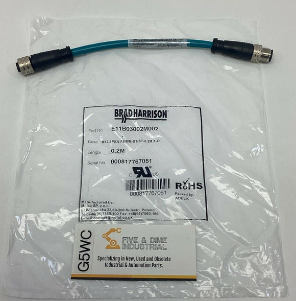 Brad Harrison E11B03002M002 Ethernet Cable M12, 4-Pin, 0.2-Meter Molex