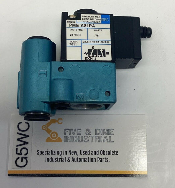 Mac Hytol PME-A81PA Pneumatic Valve 24VDC Solenoid 60PSI Max