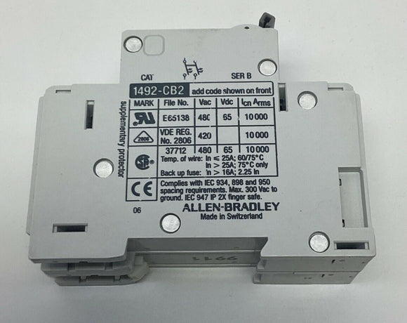 Allen Bradley 1492-CB1-G020 Circuit Breaker 2-Pole, 2-Amp 277VAC DIN Mount