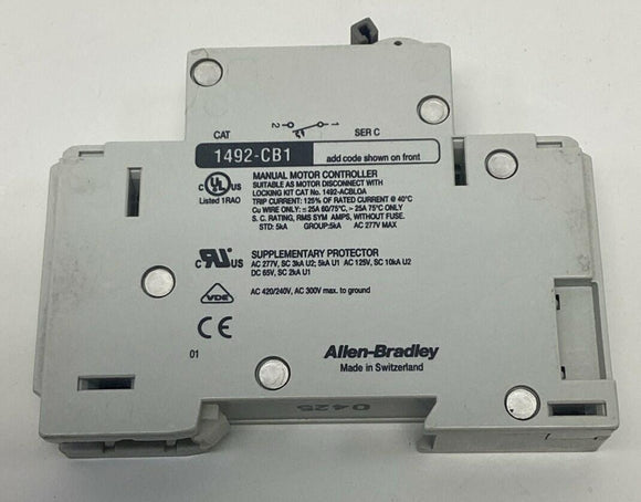 Allen Bradley 1492-CB1-G250 Circuit Breaker 1-Pole, 25A, 5 HP, 277VAC DIN Mount