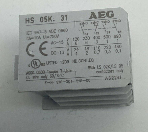 AEG HS05K.31 Auxiliary Contact Block 10-Amp, 750V 3-N.O. , 1-N.C.