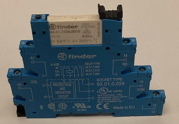 Finder 34.51.7.024.0010 24VDC Coil Relay w/ 93.01.0.024 Socket  6A, 250VAC