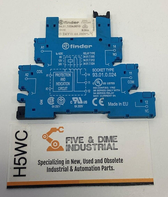 Finder 34.51.7.024.0010 24VDC Coil Relay w/ 93.01.0.024 Socket  6A, 250VAC