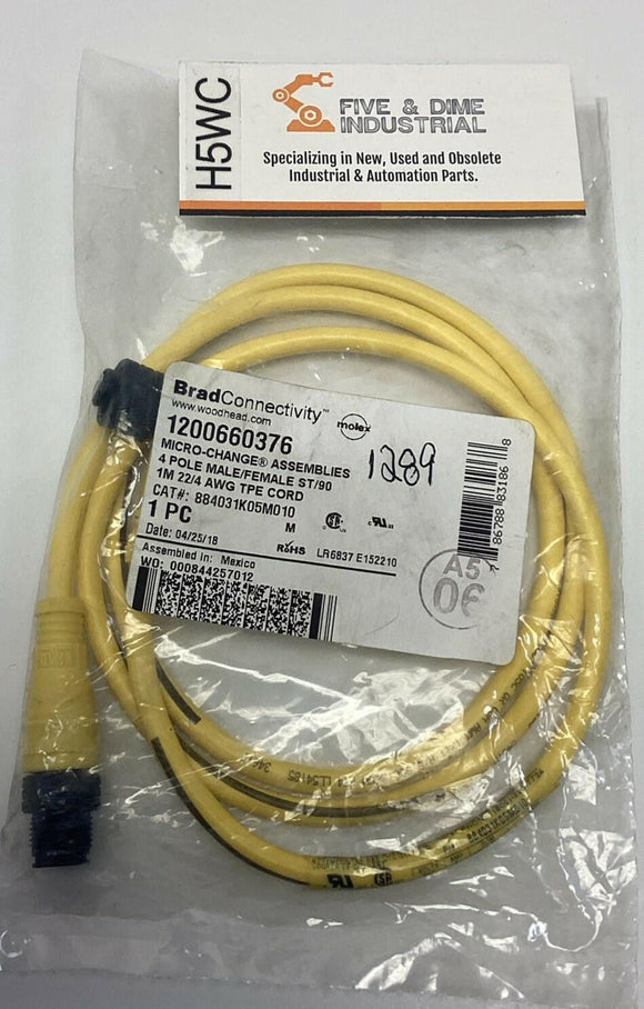 Brad Harrison 1200660376 4-Pole Male/ Female 90° Cable, 1-Meter, M12