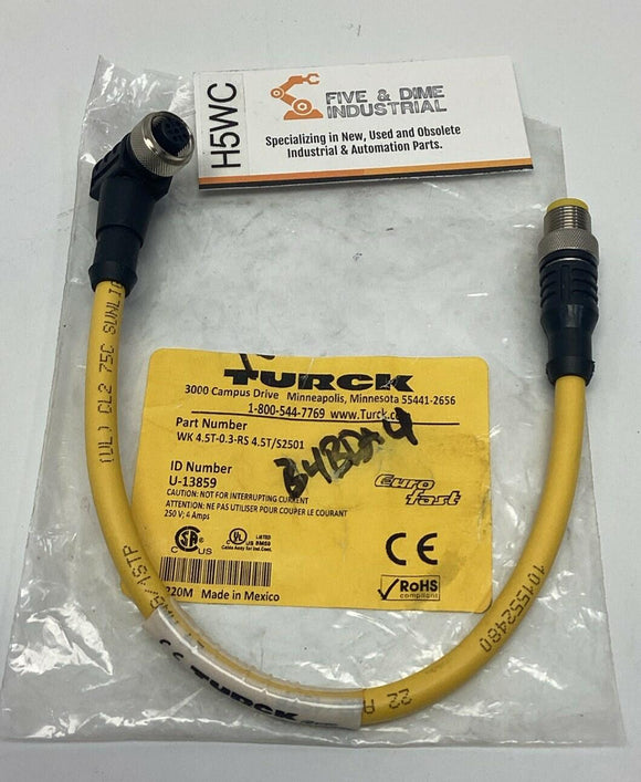 Turck WK4.4T-0.3-RS4.5T/S2501 5-Pin Male/ 90° Female Cable, 0.3M, M12, U-13859