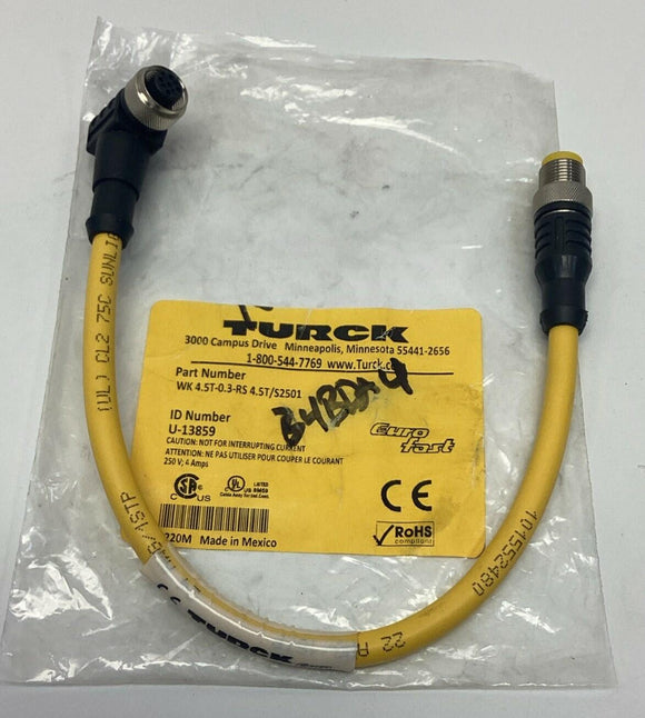 Turck WK4.4T-0.3-RS4.5T/S2501 5-Pin Male/ 90° Female Cable, 0.3M, M12, U-13859