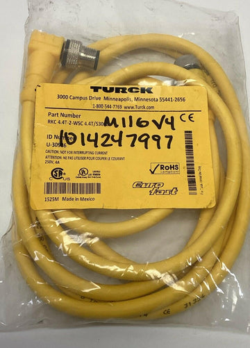 Turck RKC4.4T-2-WSC4.4T/S3060 4-Pin M12 Female to 90° Male Cable, 2M, U-30986 - 0