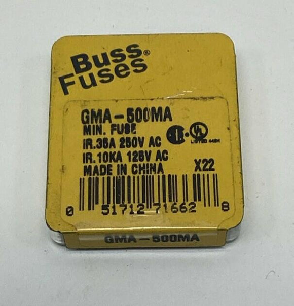 Bussmann GMA-500MA 500MA Buss Glass Fuses 125/250 VAC (5-Pack)
