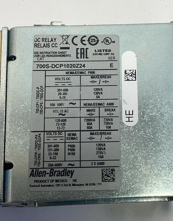 Allen Bradley 700S-DCP1020Z24 Safety Control Relay 24VDC Coil