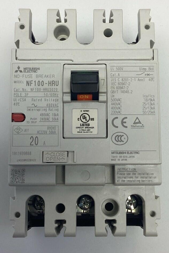 Mitsubishi NF-100-HRU 20-Amp 3-Pole Circuit Breaker Fanuc A60L-0001-0523#A020