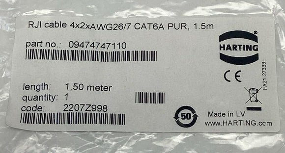 Harting 09474747110 CAT 6A Cable 4x2xAWG26/7 1.5 meter