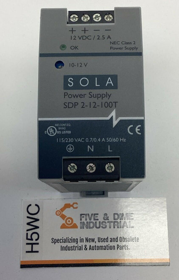 Sola Emerson SDP-2-12-100T 2.5A 12VDC Power Supply DIN Mount 115/230VAC