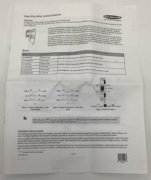 Banner SI-HG63FQDL Hinge Style Safety Interlock 77429 / 76922