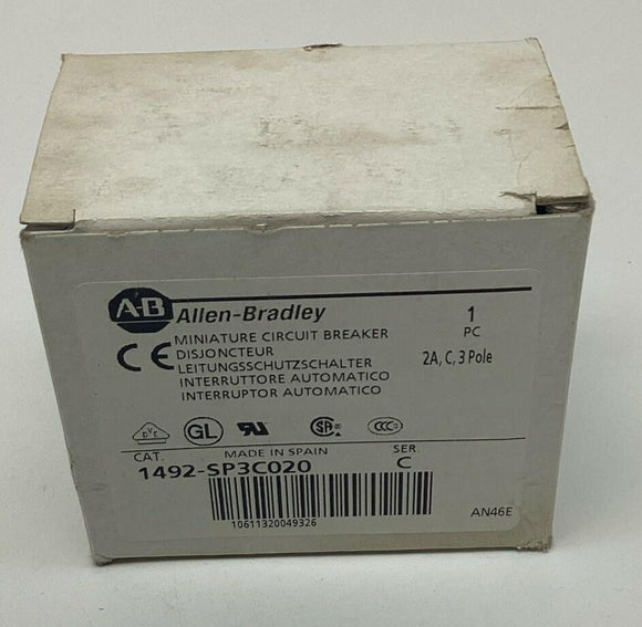 Allen Bradley 1492-SP3C020 Ser. C 3-Pole, 2A Miniature Circuit Breaker DIN Mount