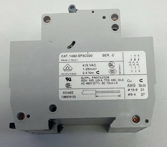 Allen Bradley 1492-SP3C020 Ser. C 3-Pole, 2A Miniature Circuit Breaker DIN Mount
