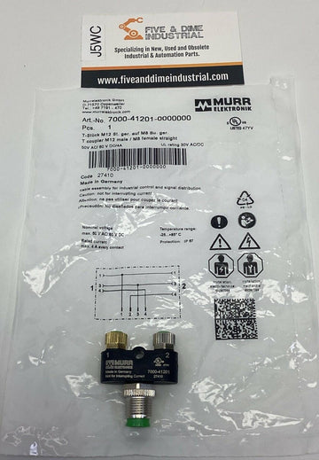 Murr 7000-41201-0000000 T-Coupler Male M12 to 3-Pole Female M8 Connector 50VAC