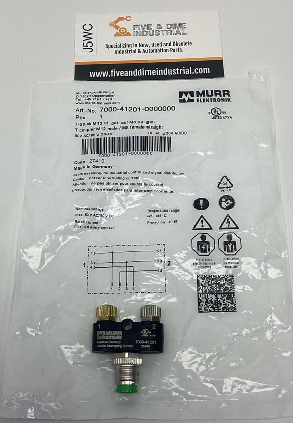Murr 7000-41201-0000000 T-Coupler Male M12 to 3-Pole Female M8 Connector 50VAC