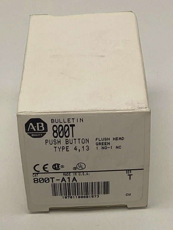 Allen Bradley 800T-A1A Green Momentary Flush Push Button 1-NC, 1-NO
