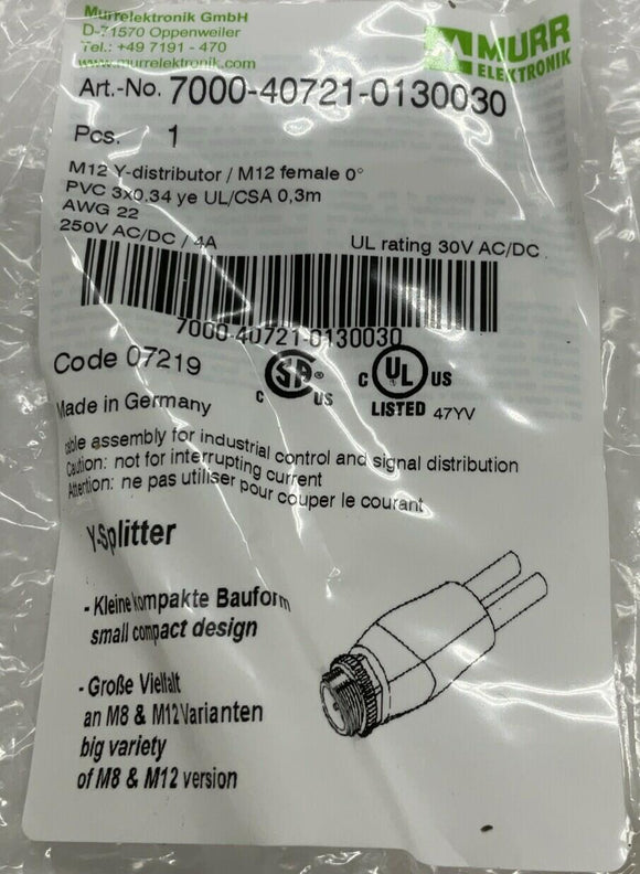 Murr Elektronik 7000-40721-0130030 M12 Y-Splitter 0.3Meter