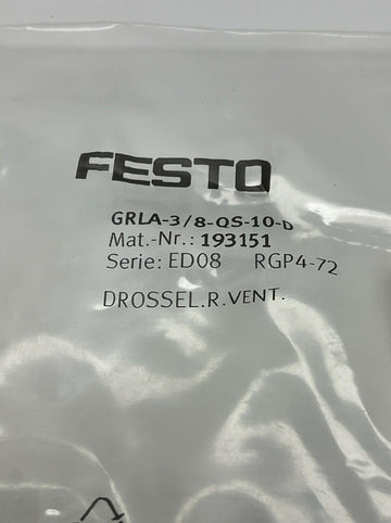 Festo 193151 / GRLA-3/8-QS-10-D One-Way Flow Control Valve G-38" Thread - 0