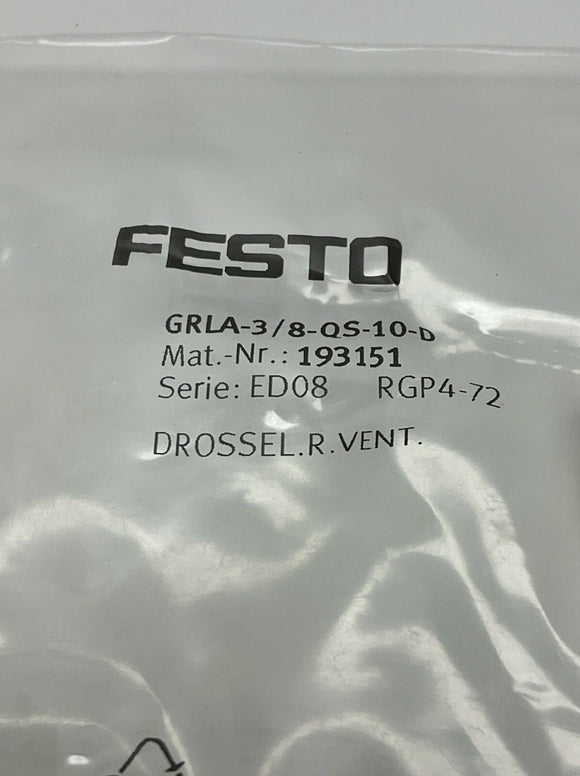 Festo 193151 / GRLA-3/8-QS-10-D One-Way Flow Control Valve G-38" Thread
