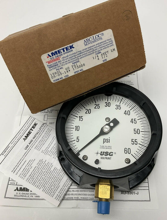 Ametek / USG 175008 Pressure Gauge 4-1/2" 60 PSI, 1/4" NPT Lower Middle BRZ Tube