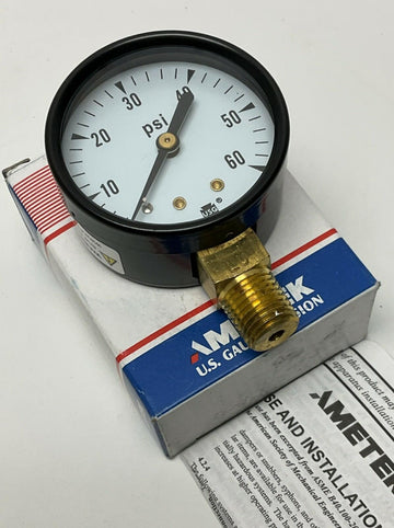 Ametek USG 163269 0-60 PSI Pressure Gauge 2"  1/4" NPT, Brass Lower Middle