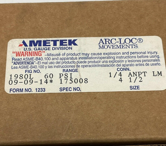 Ametek / USG 175008 Pressure Gauge 4-1/2" 60 PSI, 1/4" NPT Lower Middle BRZ Tube