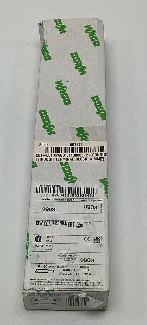 Wago 281-601 / 60412085 2-Conductor Through Terminal Blocks (50-Pack)