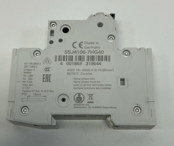 Siemens 5SJ4106-7HG40 Circuit Breaker 6 Amp DIN Mount 240VAC