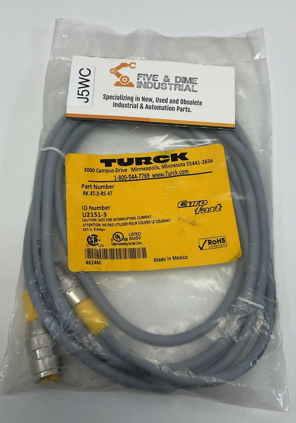Turck RK 4T-2-RS 4T / U2151-3 M12 3-Pin Male / Female Straight Cable, 2M