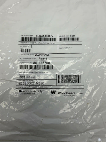 Woodhead Brad E26E06021M030 CAT6A Ethernet Connection Cable 3-Meter, M12