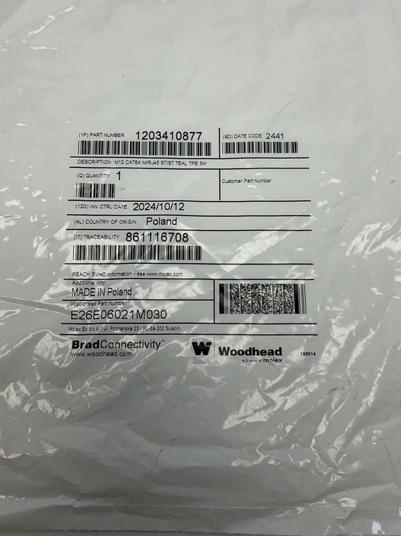 Woodhead Brad E26E06021M030 CAT6A Ethernet Connection Cable 3-Meter, M12