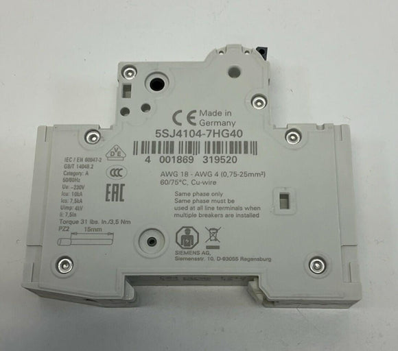 Siemens 5SJ4104-7HG40 1-Pole, 4-Amp Circuit Breaker DIN Mount 240VAC