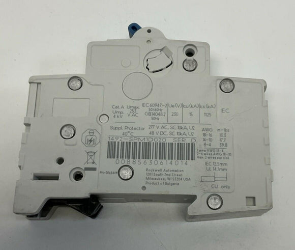 Allen Bradley 1492-SPM1D020 1-Pole 2-Amp DIN Mount Circuit Breaker 277VAC
